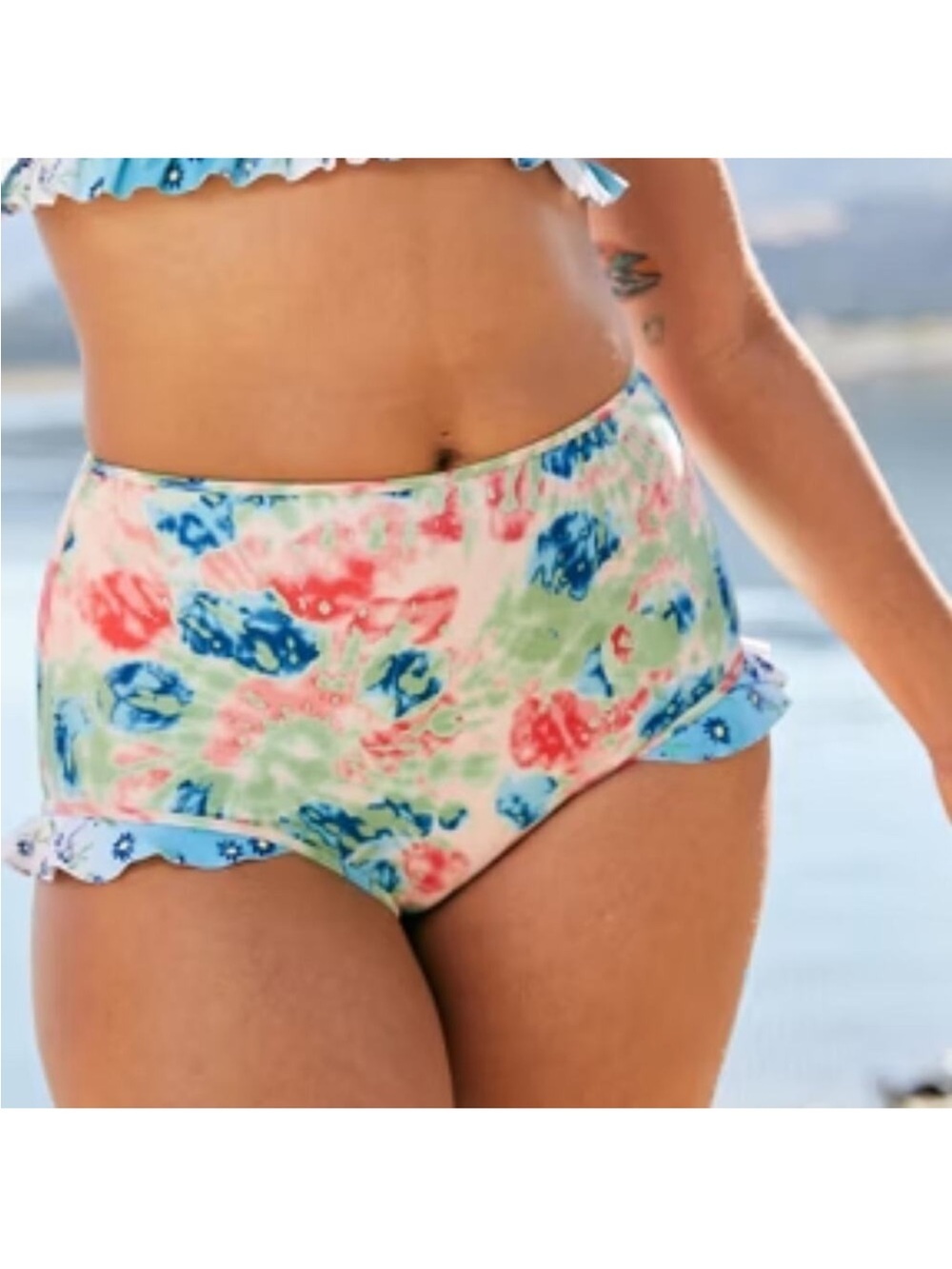 🆕 Aerie Printed Ruffle High Waisted Bikini Bottom Women's Tidal Blue Swim Large